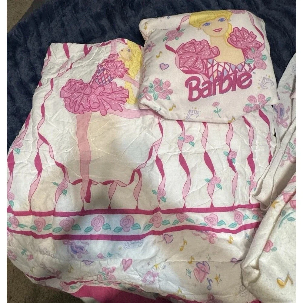 Vintage 1995 Barbie Ballerina Mattel Bedding Lot Comforter Pillow Sheet Pink